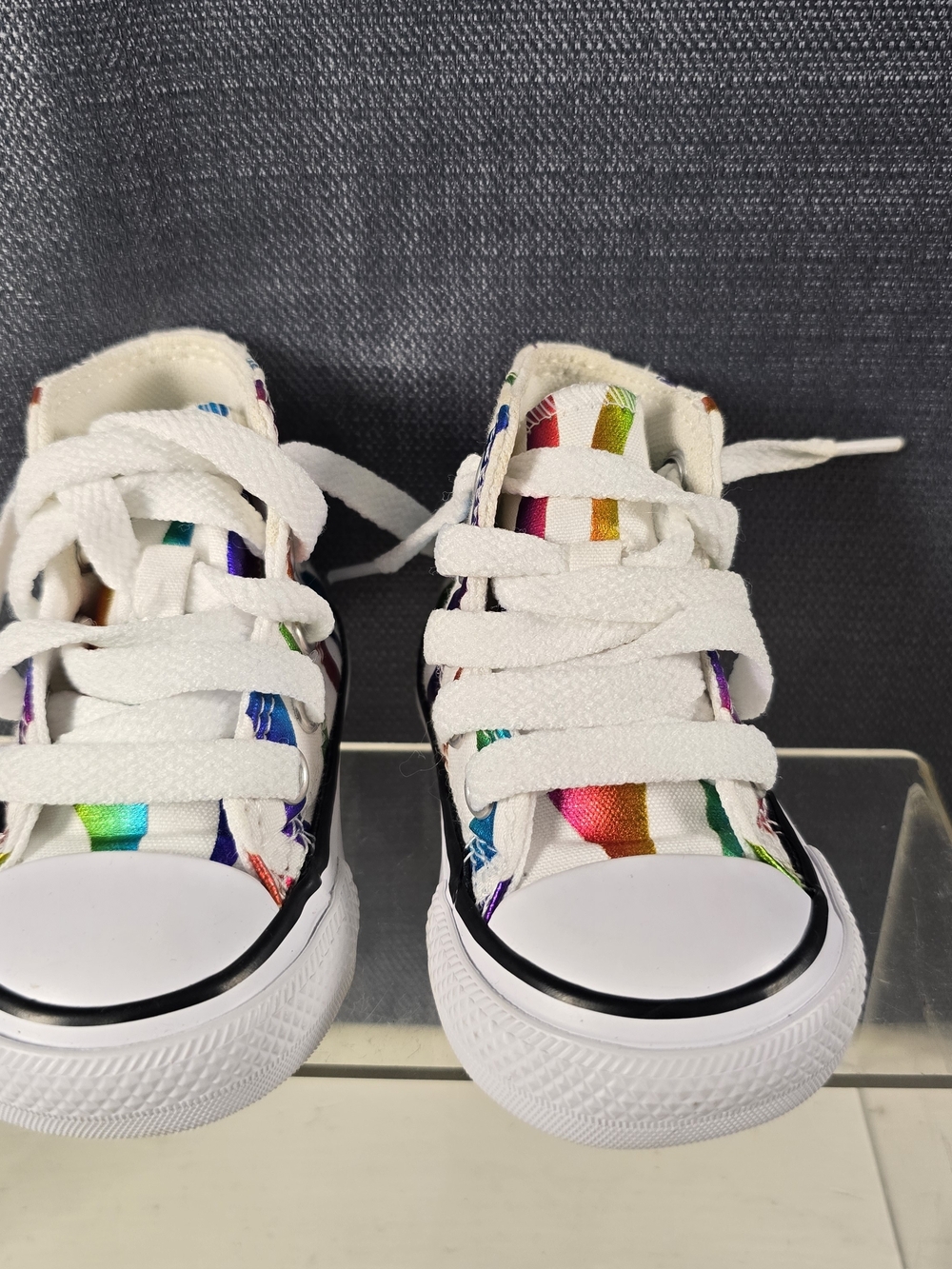 Kids White Canvas Sneakers with Rainbow Stripe Accents